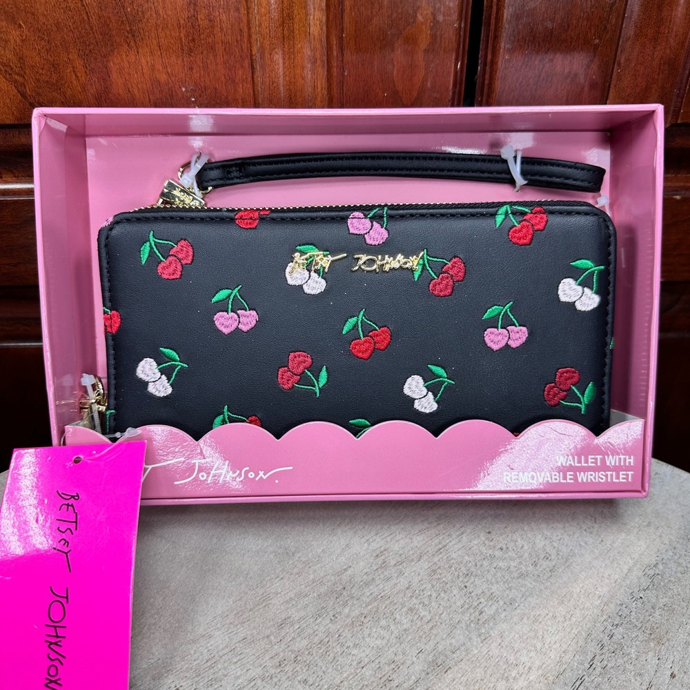Betsey Johnson Cherry Embroidered Zip Around Wallet w/ Removable Wristlet NIB